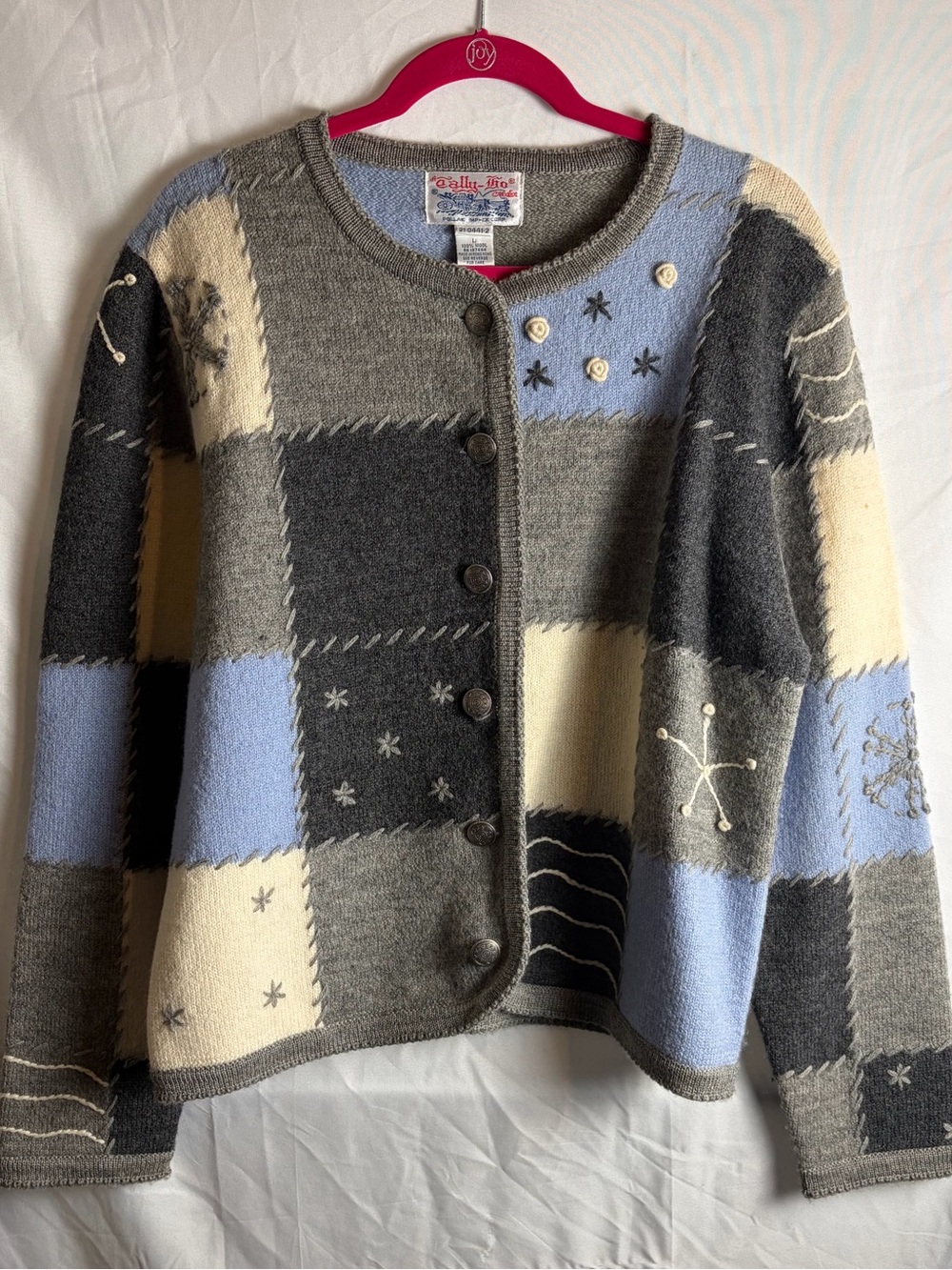 Vtg Tally Ho 100% Wool Patchwork Cardigan Sweater L Gray Blue Snowflake Winter
